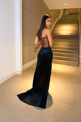 Newinlook Elegant Black Strapless Sequins Slit Evening Dress With Chic Pleats
