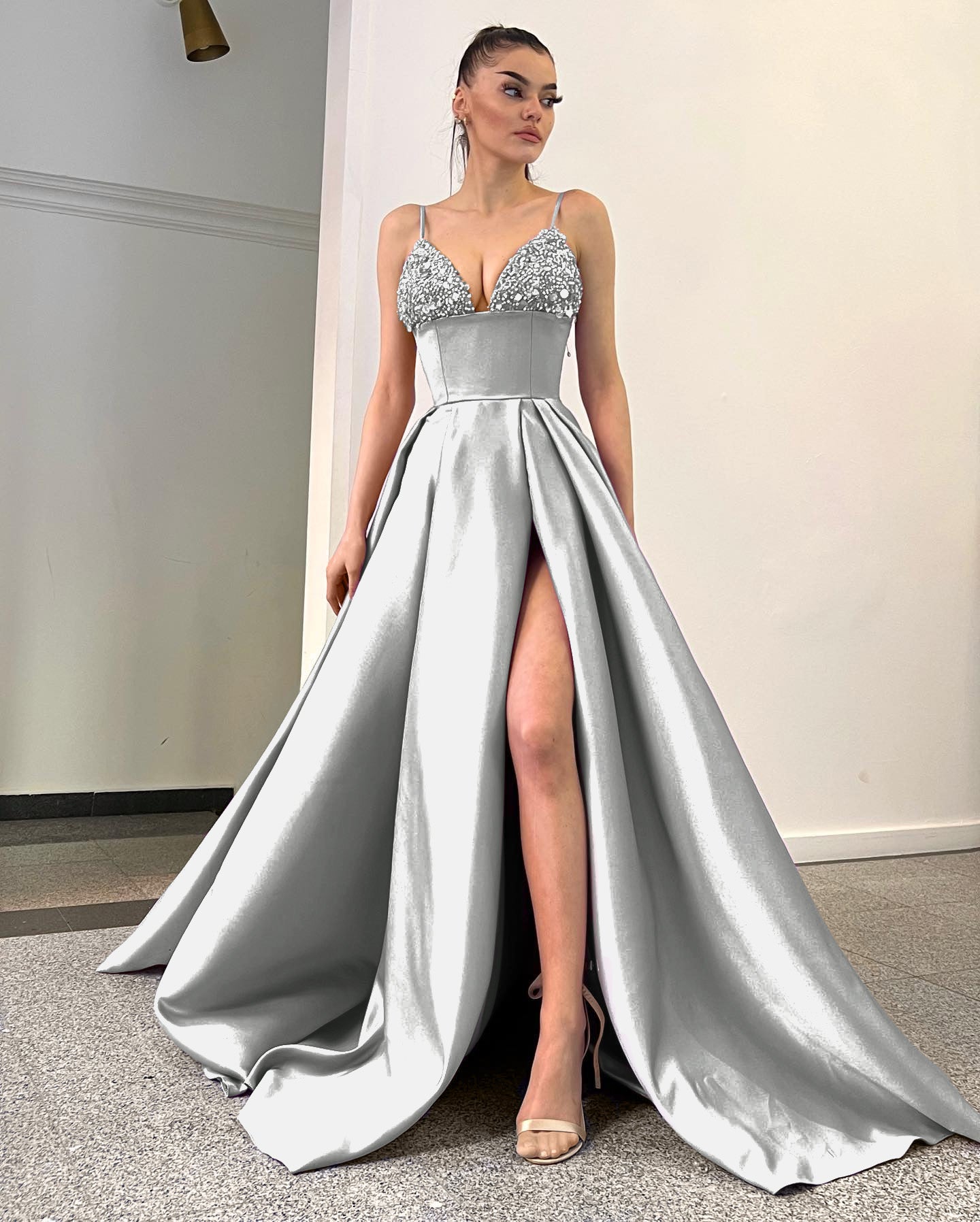 Newinlook Lavender A-Line Spaghetti-Straps Sequins Evening Dress With Split