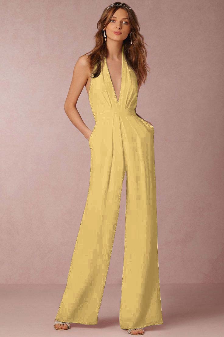 Newinlook Casual Black Deep V-Neck Halter Long Daily Jump Suit