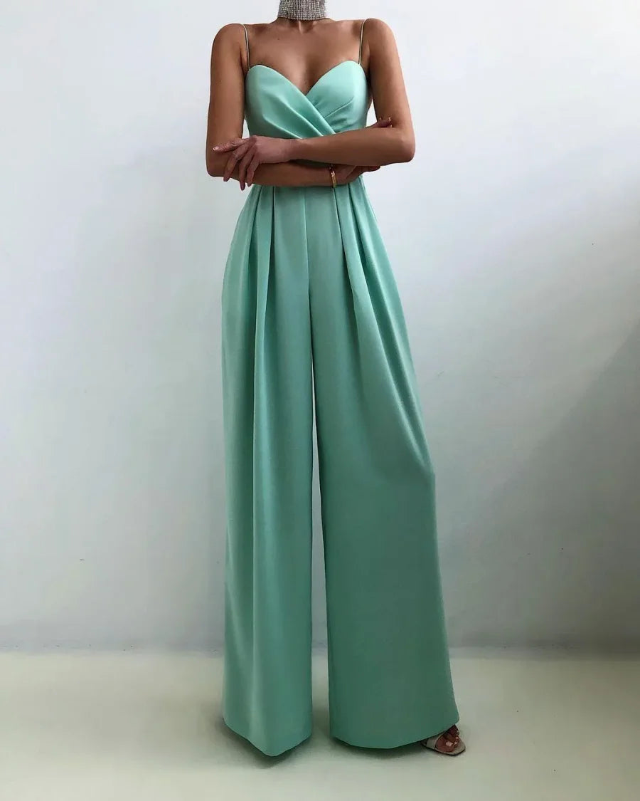 Newinlook Chic Spaghetti Strap Sleeveless Mint Green Pleated Jump Suit