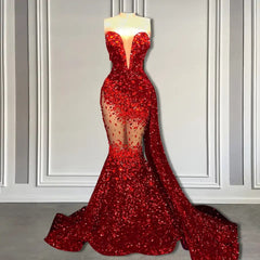 Elegant Red Long Mermaid Style Formal Dresses with Sweetheart Sequins and Ruffle