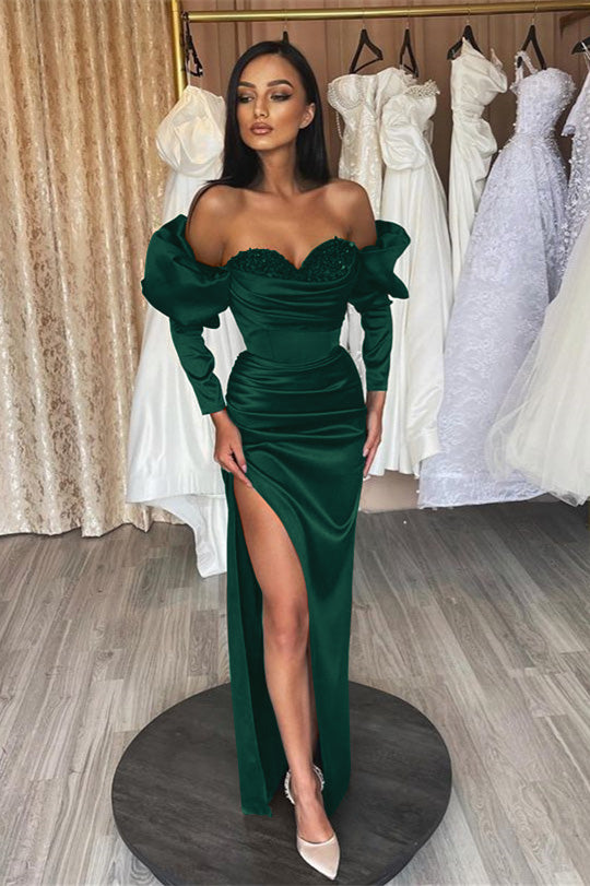 Newinlook Dark Green Sweetheart Slit Long Mermaid Evening Dress With Long Sleeves Sequins