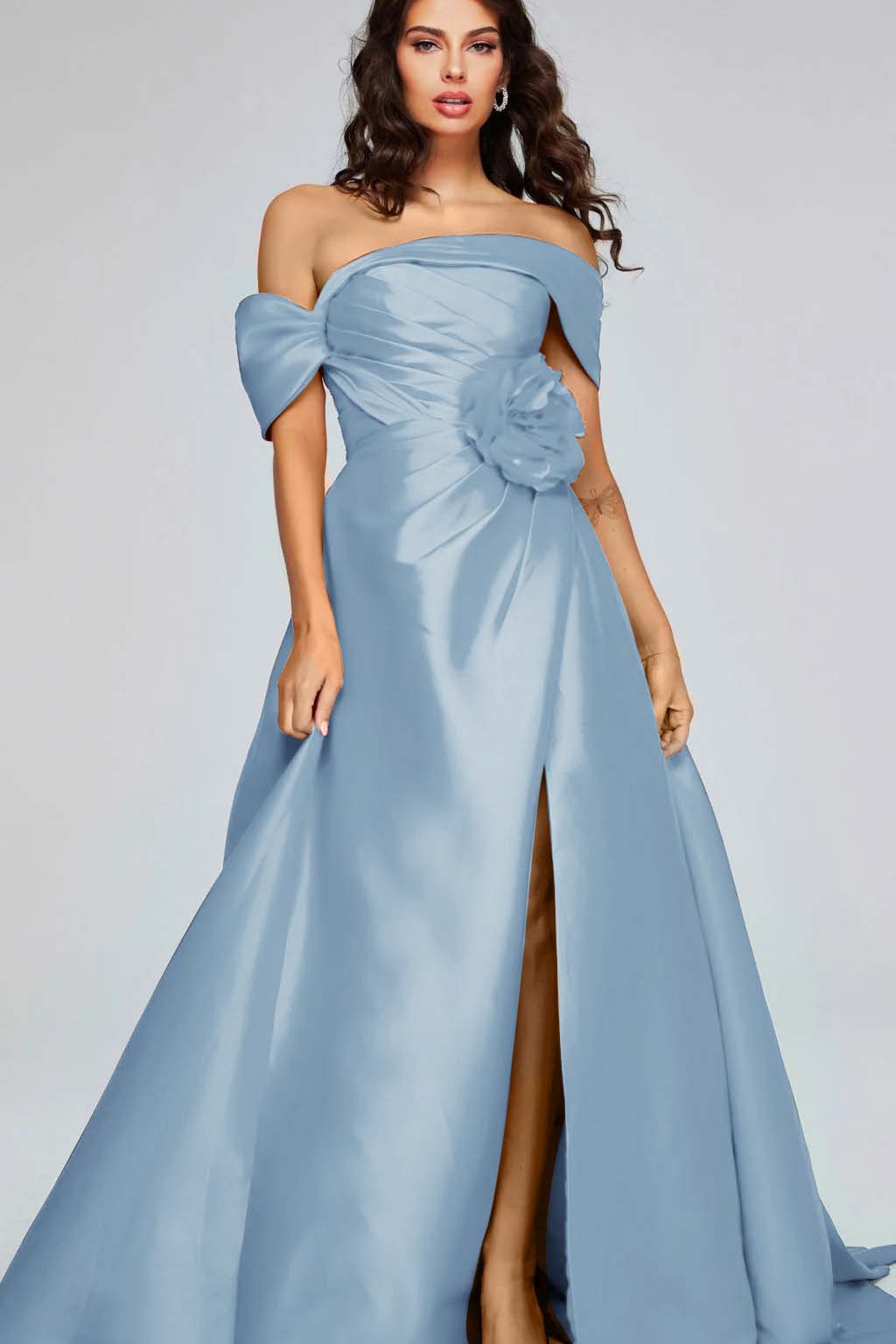 Off the Shoulder Sleeveless Long Split Formal Dress With Pleated