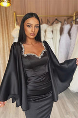 Newinlook Black Ruffle Sleeves Mermaid Long Evening Dress With Beads