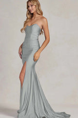 Strapless Sleeveless Long Mermaid Formal Dress With Split Pleated