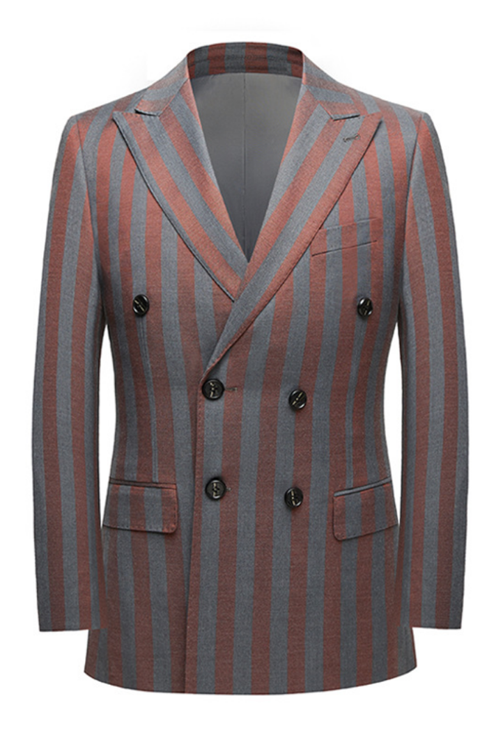 Newinlook Casual Red and Gray Striped Summer Wedding Suit with Double-Breasted Style