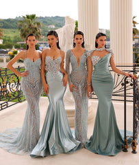 Formal Dress Dusty Sage Satin Spaghetti Strap With Beading Sleeveless
