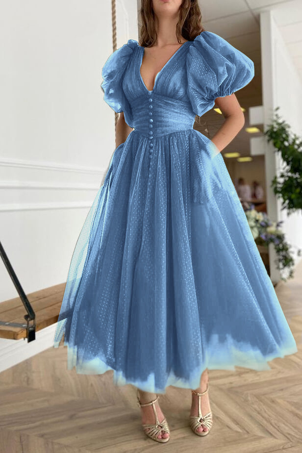 Newinlook Dark Green Evening Dress A-Line With Short Sleeves V-Neck