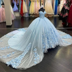Sky Blue Off-Shoulder Ball Gown with 3D Floral Appliques & Sweep Train Perfect for Quinceanera & Sweet 16