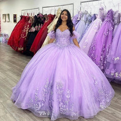 Lilac Quinceanera Dress Off-Shoulder Glitter Tulle Gown with Lace Appliques & Puffy Sleeves for Sweet 16
