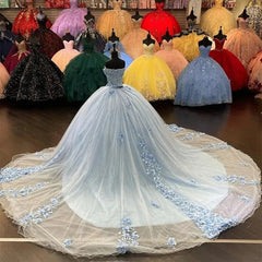 Sky Blue Off-Shoulder Ball Gown with 3D Floral Appliques & Sweep Train Perfect for Quinceanera & Sweet 16