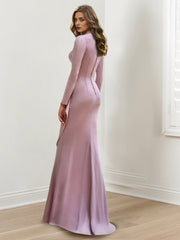 Floor-Length V-Neck Long Sleeve Sheath Dress with Crepe Beading for the Mother of the Bride