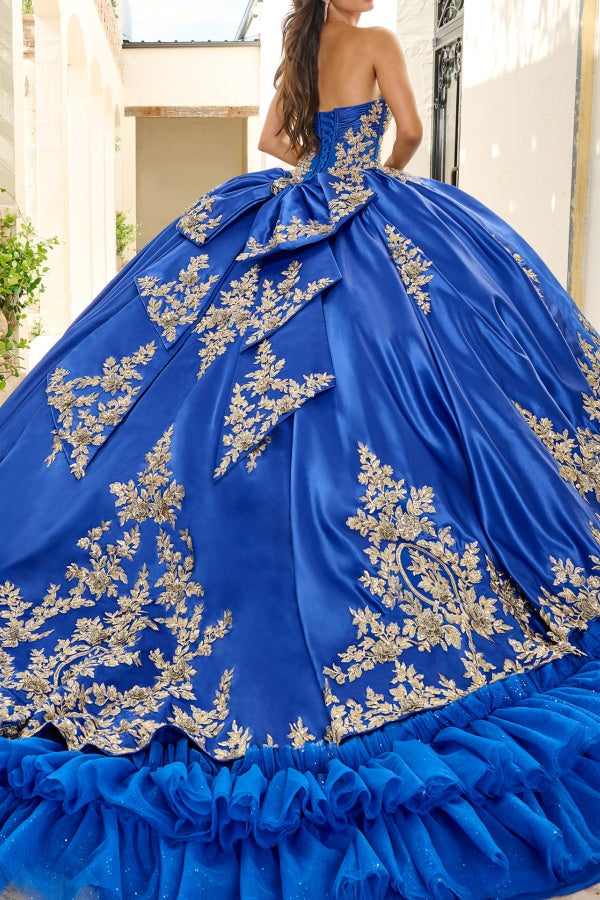 Royal Blue Quinceanera Ball Gown Sweetheart Neckline Gold Appliques & Tiered Tulle Skirt for Sweet 16 or Birthday Celebrations