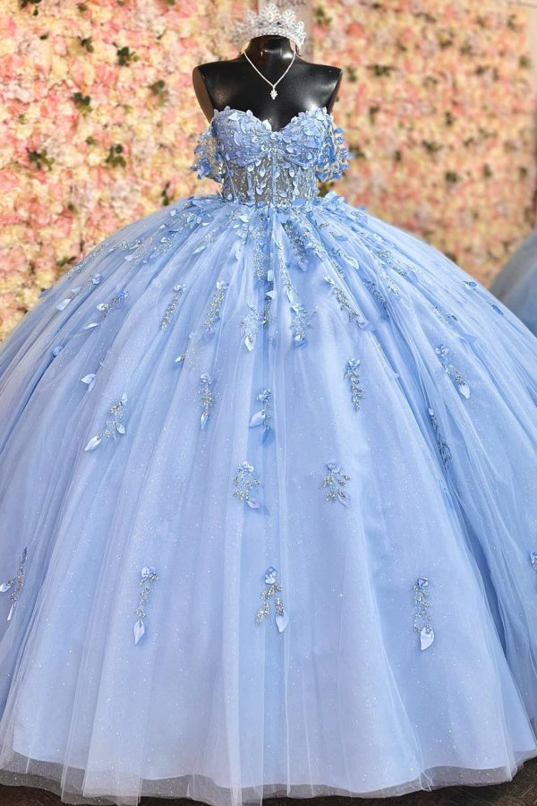 Sky Blue Ball Gown Off-Shoulder Sleeveless Quinceanera Dress with 3D Flower Appliques Beaded Sequins & Lace-Up Back for Sweet 16 & Birthday Parties