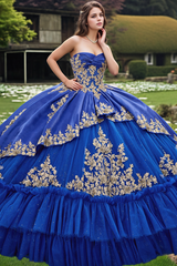 Royal Blue Quinceanera Ball Gown Sweetheart Neckline Gold Appliques & Tiered Tulle Skirt for Sweet 16 or Birthday Celebrations