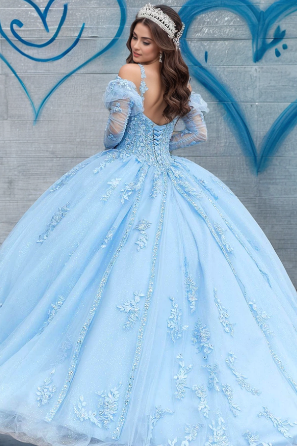 Strapless Detachable Long Sleeve Applique Lace-Up Baby Blue Tulle Quinceanera Dress Perfect for Sweet 16 & Formal Evenings