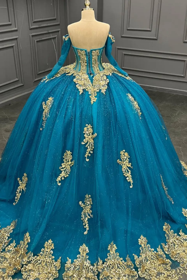 Lake Blue Ball Gown Off-Shoulder Long Sleeves with 3D Gold Beaded Appliques for Quinceanera & Sweet 16