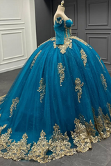 Lake Blue Ball Gown Off-Shoulder Long Sleeves with 3D Gold Beaded Appliques for Quinceanera & Sweet 16