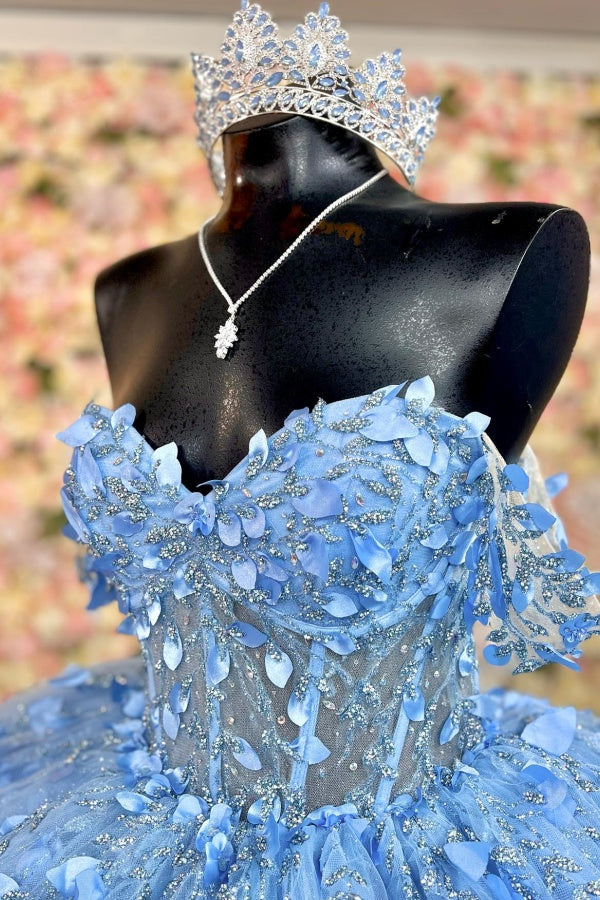 Sky Blue Ball Gown Off-Shoulder Sleeveless Quinceanera Dress with 3D Flower Appliques Beaded Sequins & Lace-Up Back for Sweet 16 & Birthday Parties