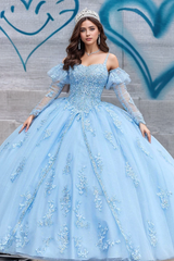 Strapless Detachable Long Sleeve Applique Lace-Up Baby Blue Tulle Quinceanera Dress Perfect for Sweet 16 & Formal Evenings