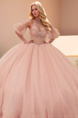 Baby Pink Glitter Tulle Quinceanera Dress Sweetheart Neckline Detachable Lantern Sleeves & Beaded Sequins for Princess Ball Gowns
