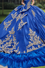 Royal Blue Quinceanera Ball Gown Sweetheart Neckline Gold Appliques & Tiered Tulle Skirt for Sweet 16 or Birthday Celebrations