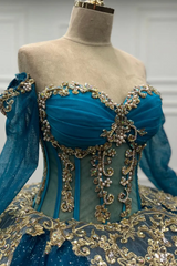 Lake Blue Ball Gown Off-Shoulder Long Sleeves with 3D Gold Beaded Appliques for Quinceanera & Sweet 16