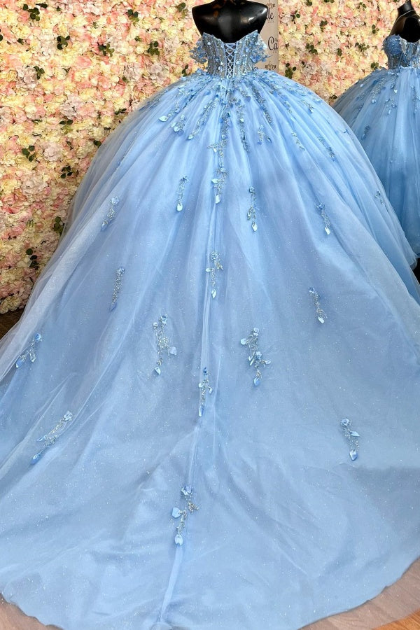 Sky Blue Ball Gown Off-Shoulder Sleeveless Quinceanera Dress with 3D Flower Appliques Beaded Sequins & Lace-Up Back for Sweet 16 & Birthday Parties