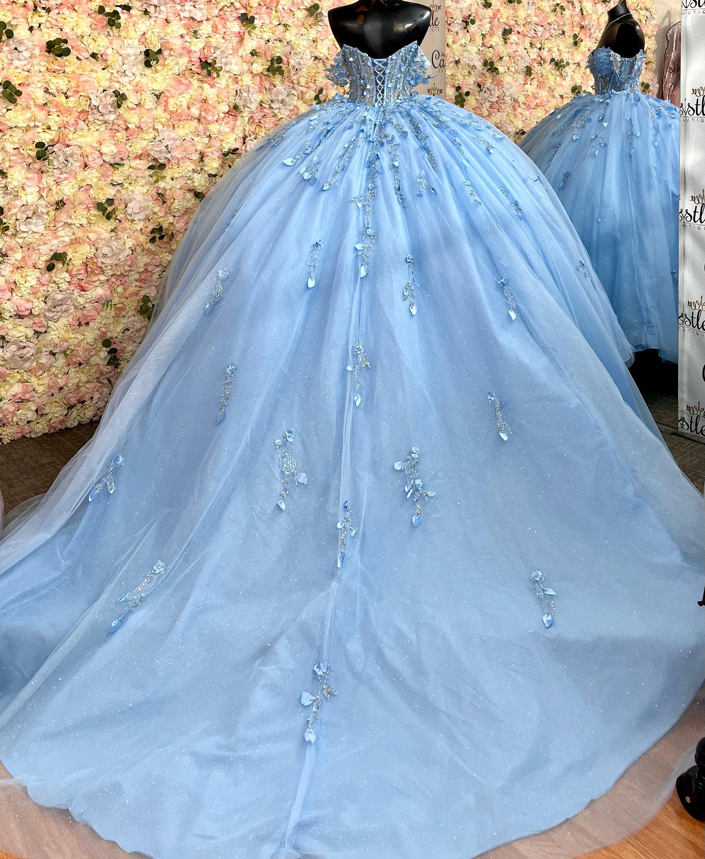 Sky Blue Ball Gown Off-Shoulder Sleeveless Quinceanera Dress with 3D Flower Appliques Beaded Sequins & Lace-Up Back for Sweet 16 & Birthday Parties