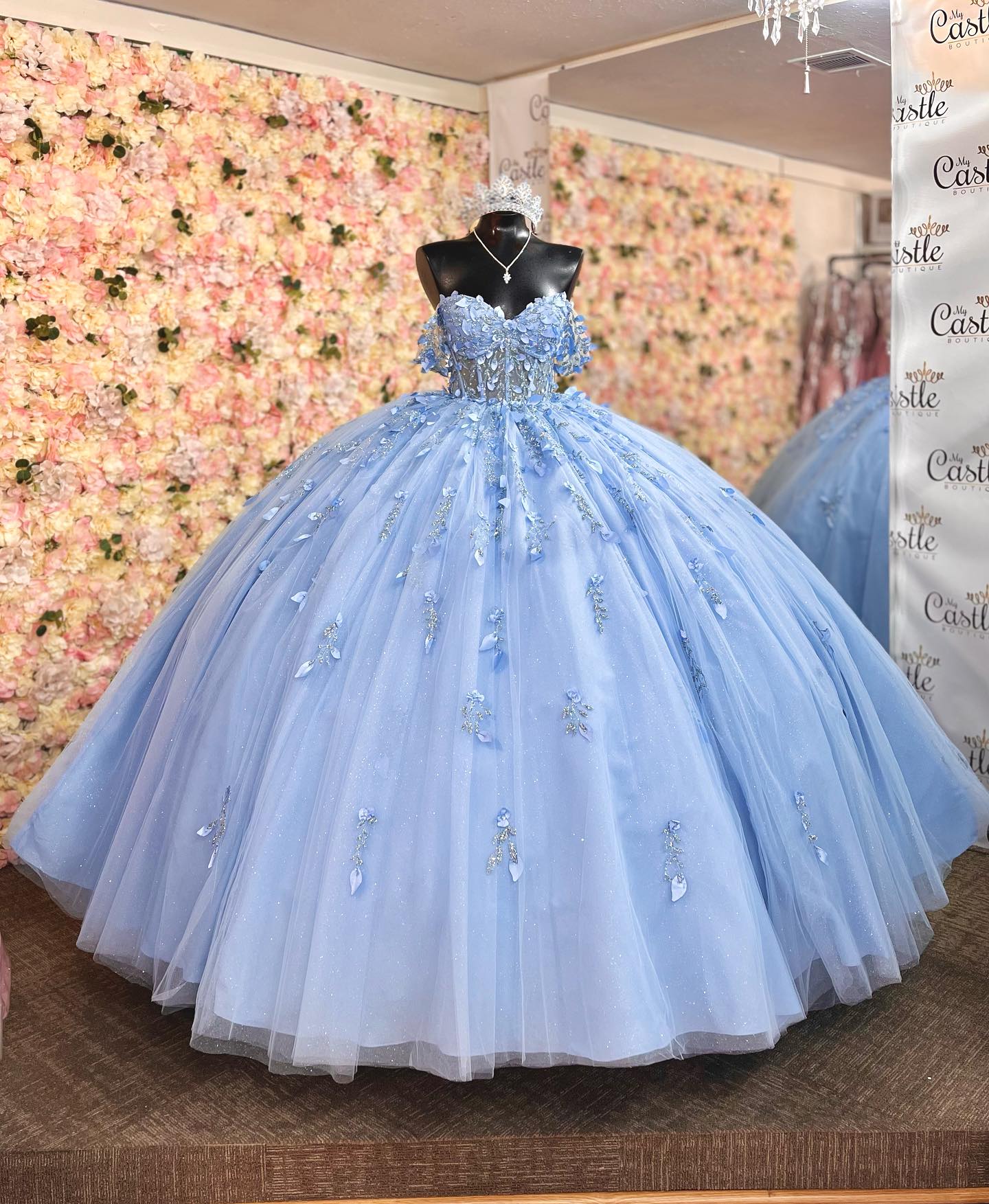 Sky Blue Ball Gown Off-Shoulder Sleeveless Quinceanera Dress with 3D Flower Appliques Beaded Sequins & Lace-Up Back for Sweet 16 & Birthday Parties