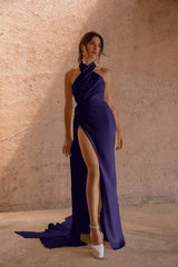 Halter Sleeveless Long Mermaid Formal Dress With High Split Pleated