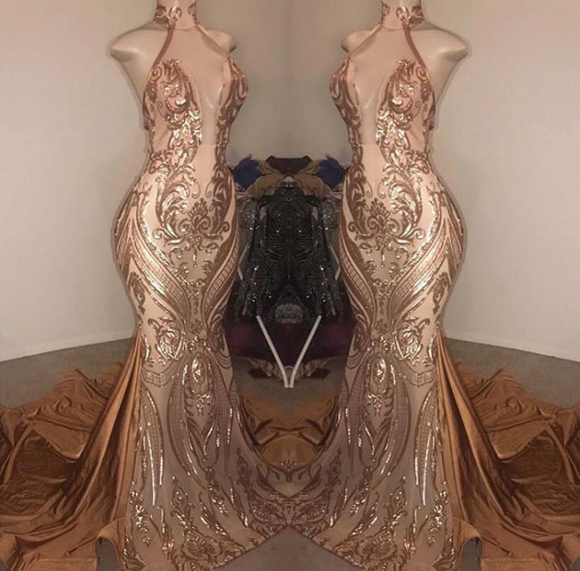 Elegant Deep V Neck Sequins Sleeveless Halter Mermaid Formal Dress With Appliques