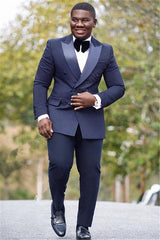 Newinlook Stylish Navy Blue Silk Lapel Reception Suit, Double Slim Fit with Peaked Lapel