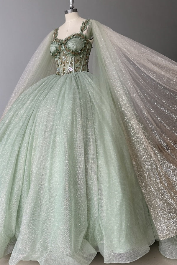 Sage Green Beaded Ball Gown Sweetheart Neckline Sparkling Tulle Quinceanera Dress for Sweet 16 & Formal Evenings