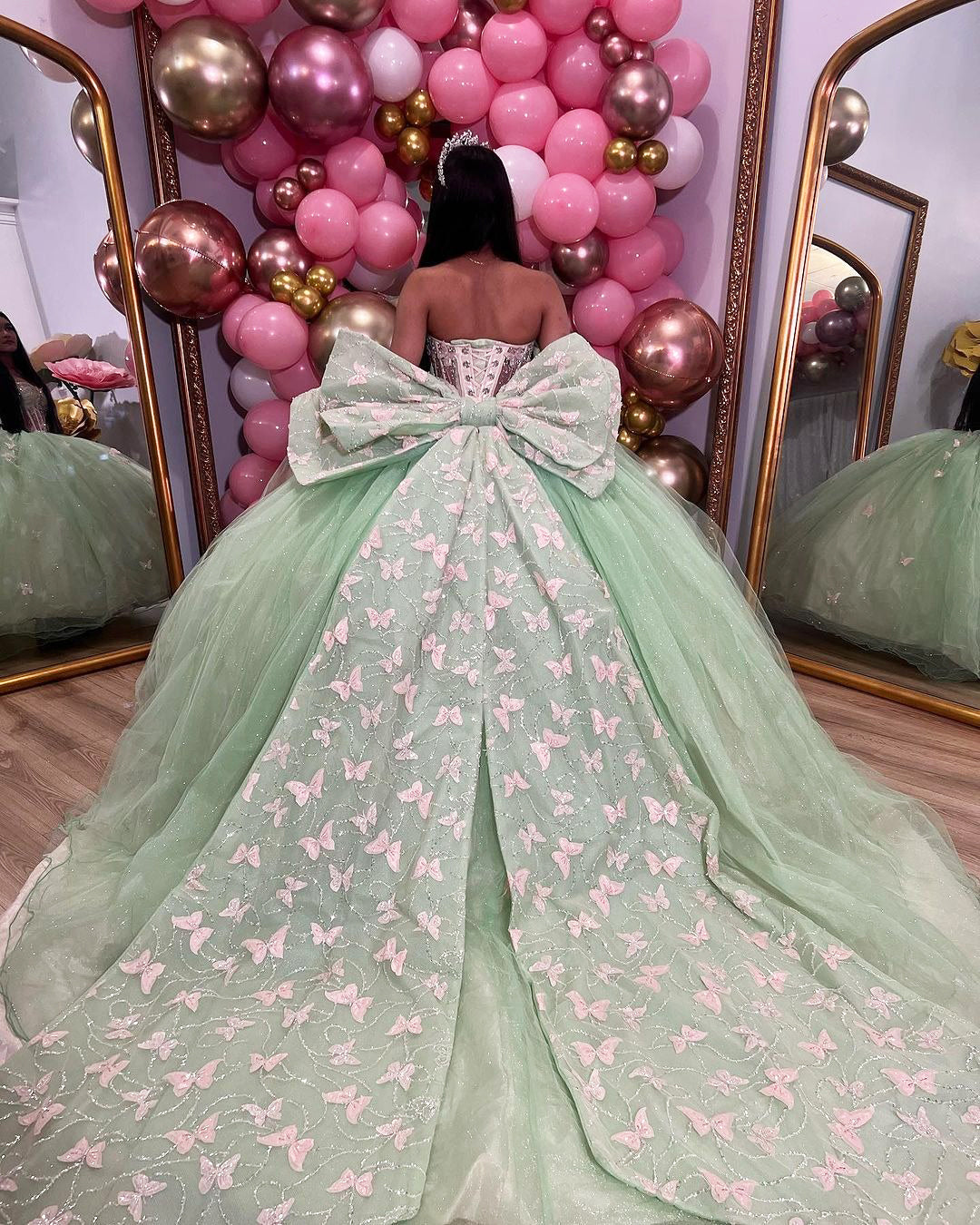 Mint Green Ball Gown with Sweetheart Neckline 3D Butterfly Appliques and Bow Detail Perfect for Quinceanera & Evening Galas