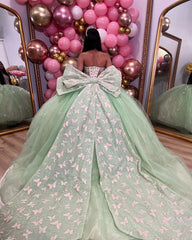 Mint Green Ball Gown with Sweetheart Neckline 3D Butterfly Appliques and Bow Detail Perfect for Quinceanera & Evening Galas