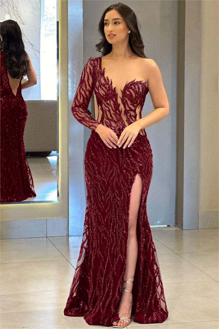 One Shoulder One Long Sleeve Backless Mermaid Split Formal Dress With Appliques