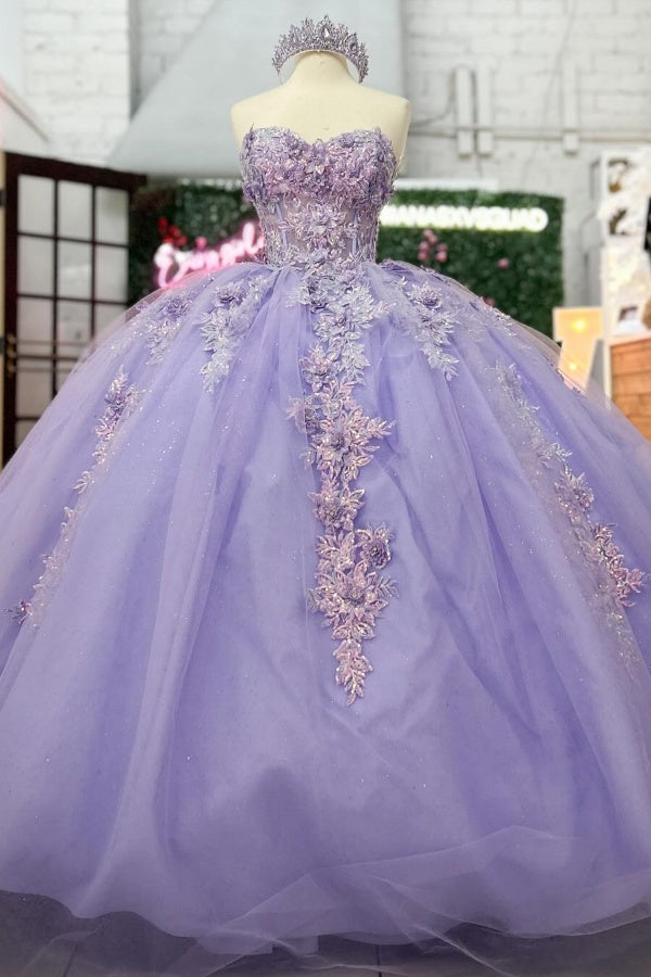 Lilac Sequined Ball Gown Strapless Tulle Quinceanera Dress with Floral Appliques for Sweet 16 & Formal Events