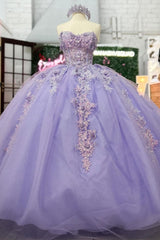 Lilac Sequined Ball Gown Strapless Tulle Quinceanera Dress with Floral Appliques for Sweet 16 & Formal Events
