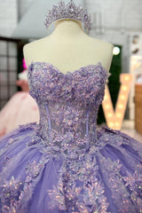 Lilac Sequined Ball Gown Strapless Tulle Quinceanera Dress with Floral Appliques for Sweet 16 & Formal Events
