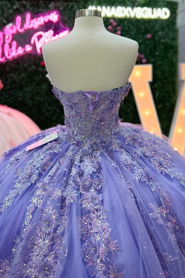 Lilac Sequined Ball Gown Strapless Tulle Quinceanera Dress with Floral Appliques for Sweet 16 & Formal Events