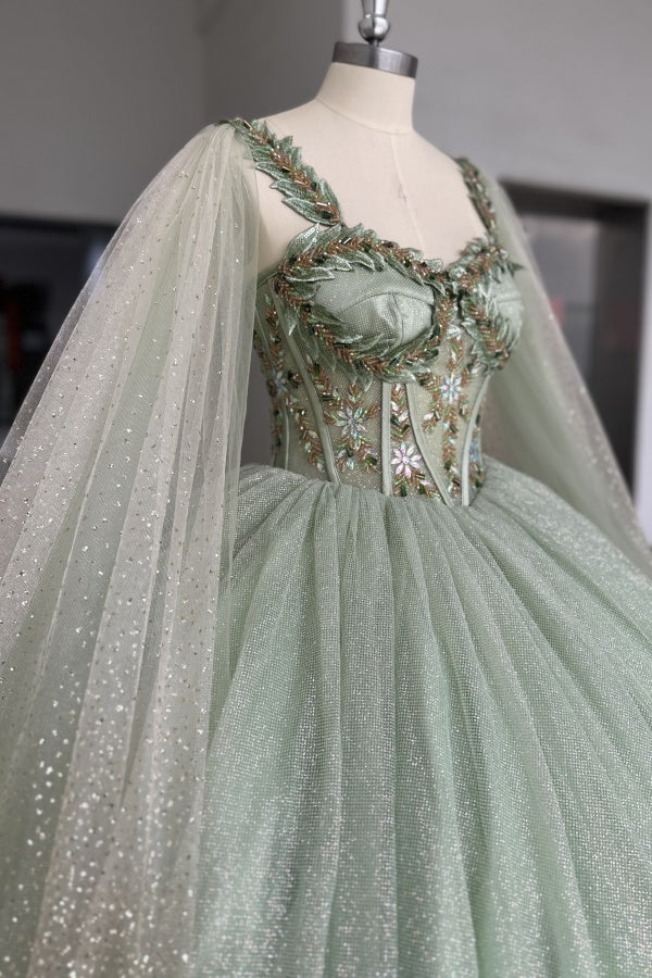Sage Green Beaded Ball Gown Sweetheart Neckline Sparkling Tulle Quinceanera Dress for Sweet 16 & Formal Evenings