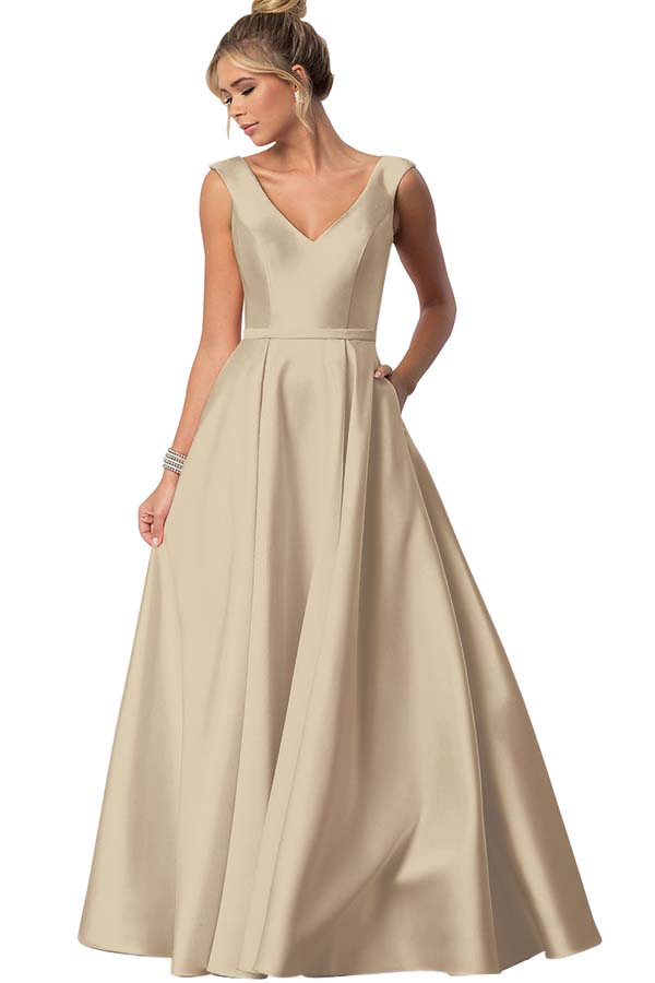 Straps V Neck Sleeveless Long Formal Dress With Pockets Pleated