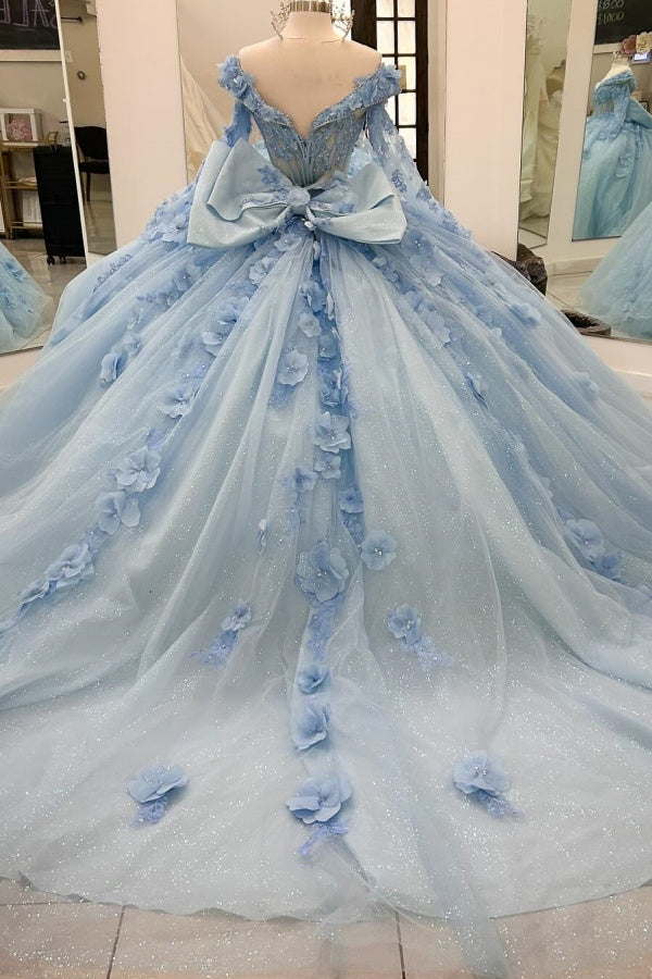 V-Neck Ball Gown with Detachable Long Sleeves Sparkling Baby Blue Tulle Quinceanera Dress with 3D Floral Appliques for Sweet 16 Birthday & Formal Events