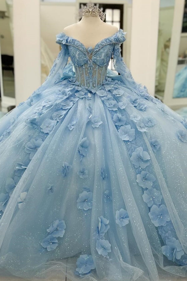 V-Neck Ball Gown with Detachable Long Sleeves Sparkling Baby Blue Tulle Quinceanera Dress with 3D Floral Appliques for Sweet 16 Birthday & Formal Events