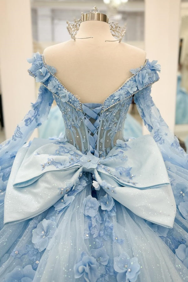 V-Neck Ball Gown with Detachable Long Sleeves Sparkling Baby Blue Tulle Quinceanera Dress with 3D Floral Appliques for Sweet 16 Birthday & Formal Events