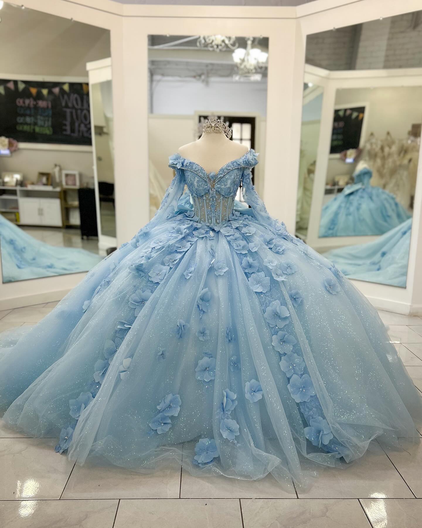 V-Neck Ball Gown with Detachable Long Sleeves Sparkling Baby Blue Tulle Quinceanera Dress with 3D Floral Appliques for Sweet 16 Birthday & Formal Events