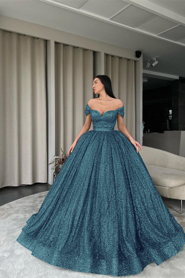 Newinlook Off-The-Shoulder Green Ball Gown Evening Dress With Sequins