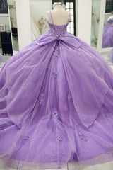 Purple Tulle Quinceanera Dress Strapless Ball Gown with 3D Beaded Flowers & Pleated Bow Details for Sweet 16 Evening and Formal Events