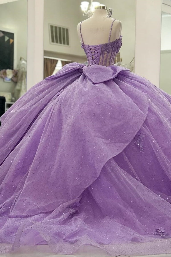 Purple Tulle Quinceanera Dress Strapless Ball Gown with 3D Beaded Flowers & Pleated Bow Details for Sweet 16 Evening and Formal Events